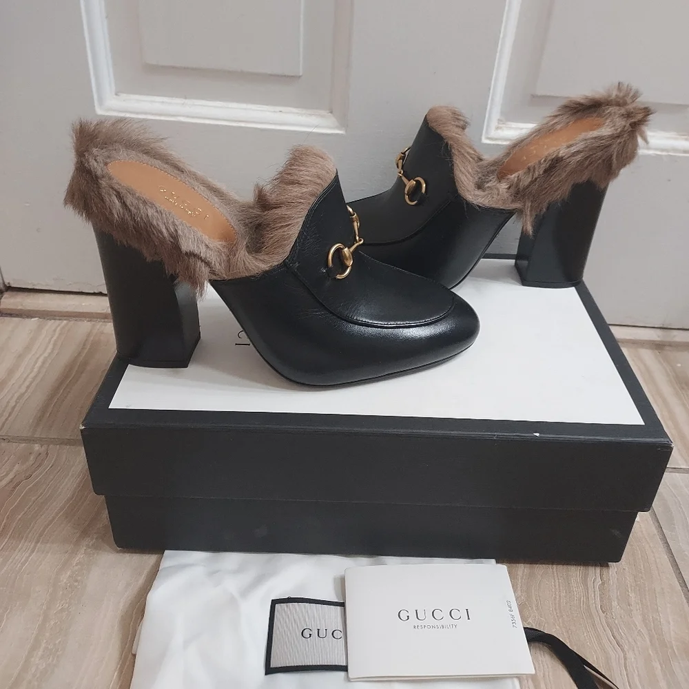 Gucci Black Princetown Fur Leather Malaga Canberra Heel Mule Slide - Picture 2 of 11